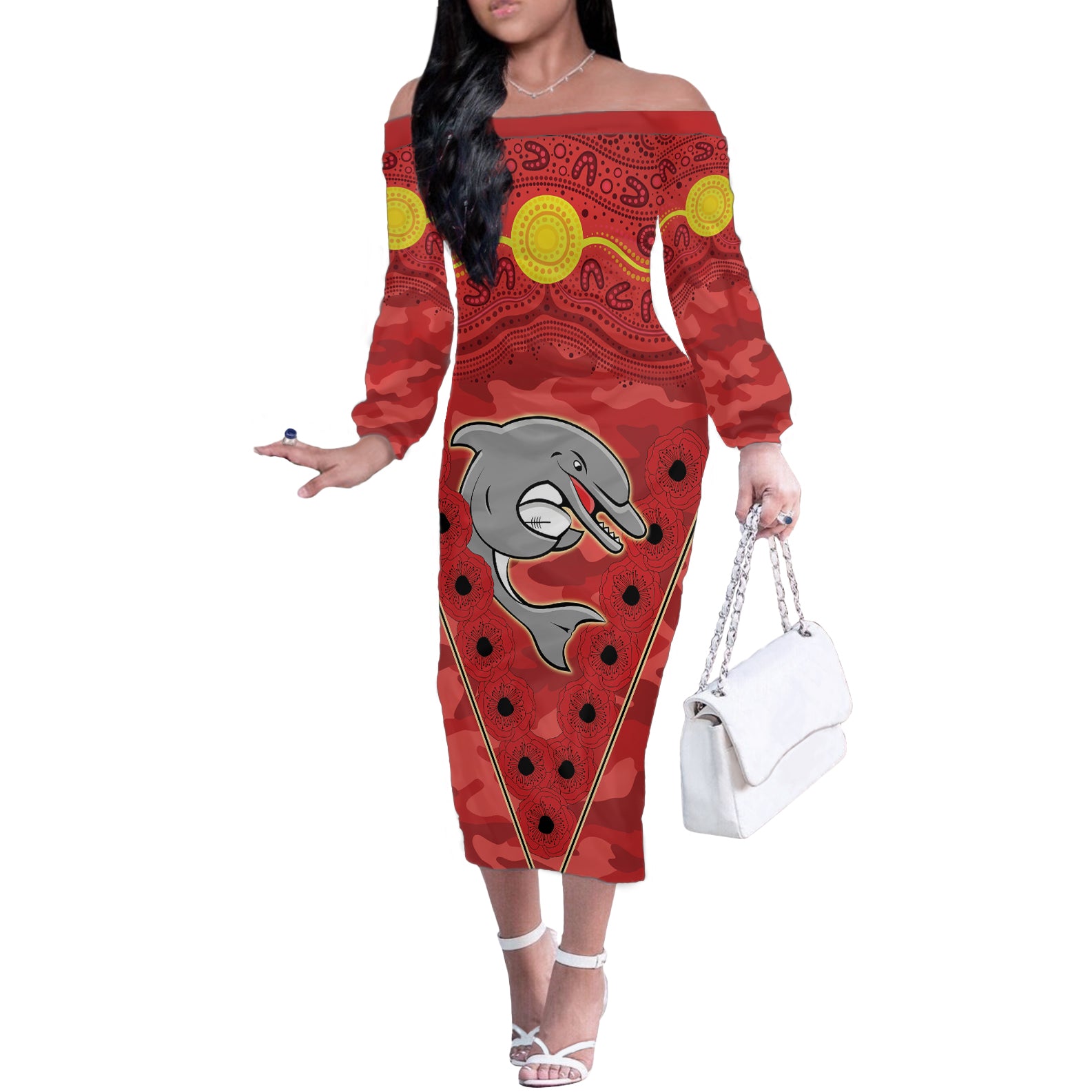 Custom Dolphins Rugby ANZAC Off The Shoulder Long Sleeve Dress Aboriginal and Army Patterns