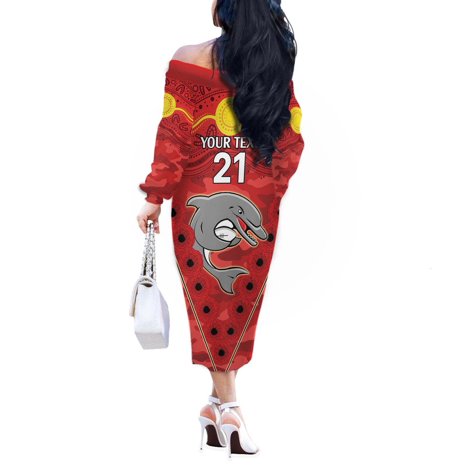 Custom Dolphins Rugby ANZAC Off The Shoulder Long Sleeve Dress Aboriginal and Army Patterns