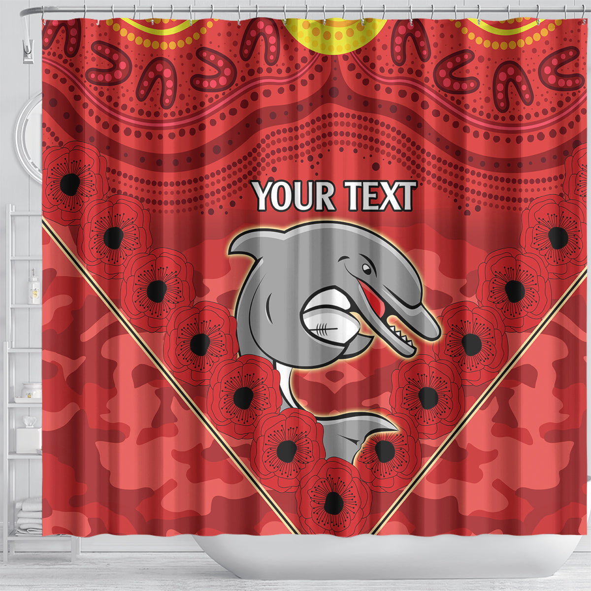 Custom Dolphins Rugby ANZAC Shower Curtain Aboriginal and Army Patterns