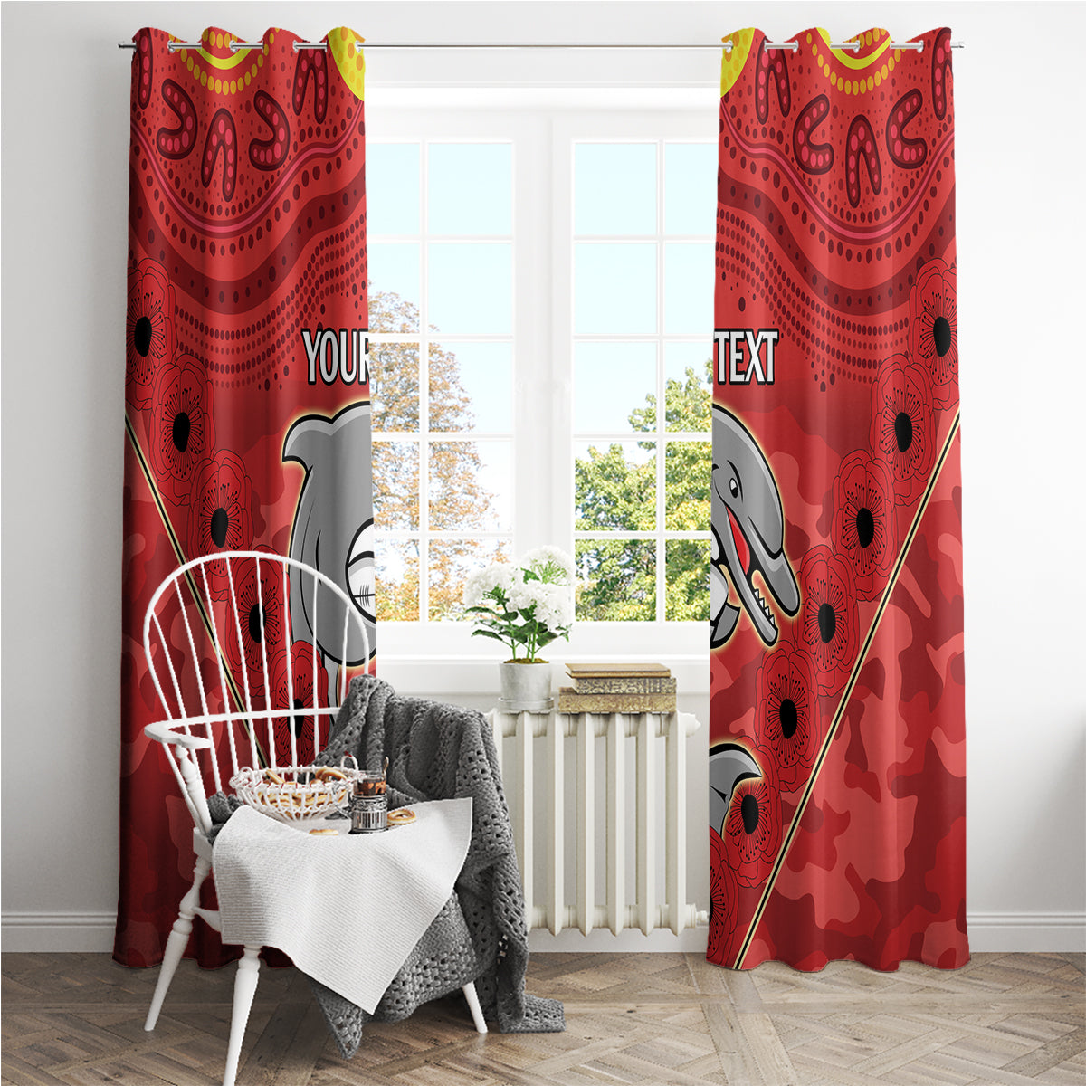 Custom Dolphins Rugby ANZAC Window Curtain Aboriginal and Army Patterns