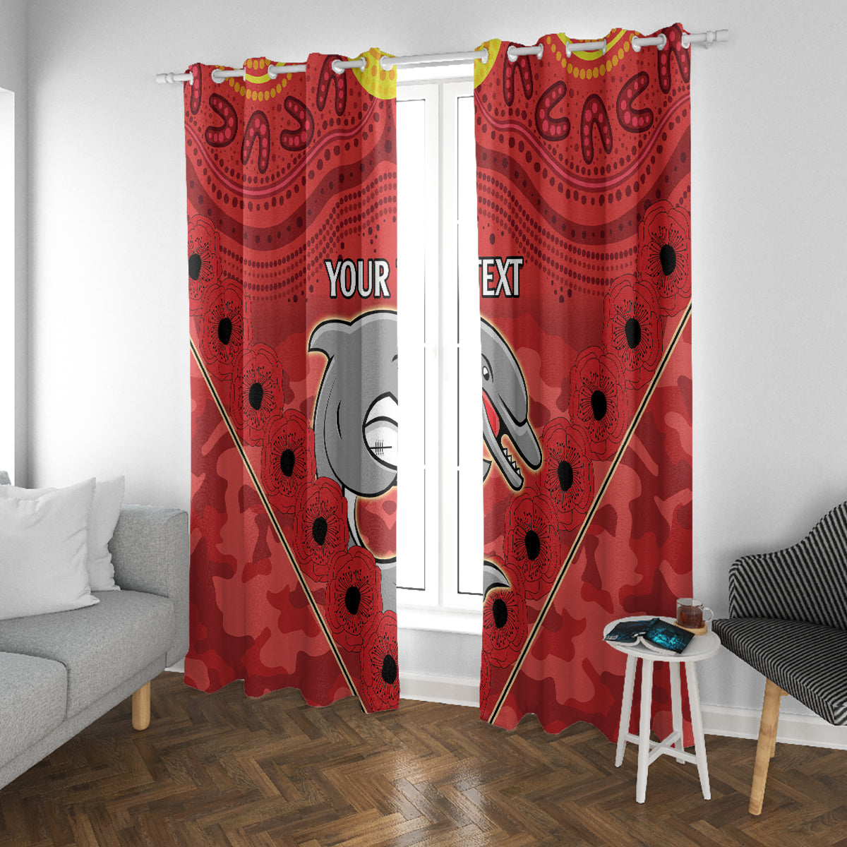 Custom Dolphins Rugby ANZAC Window Curtain Aboriginal and Army Patterns