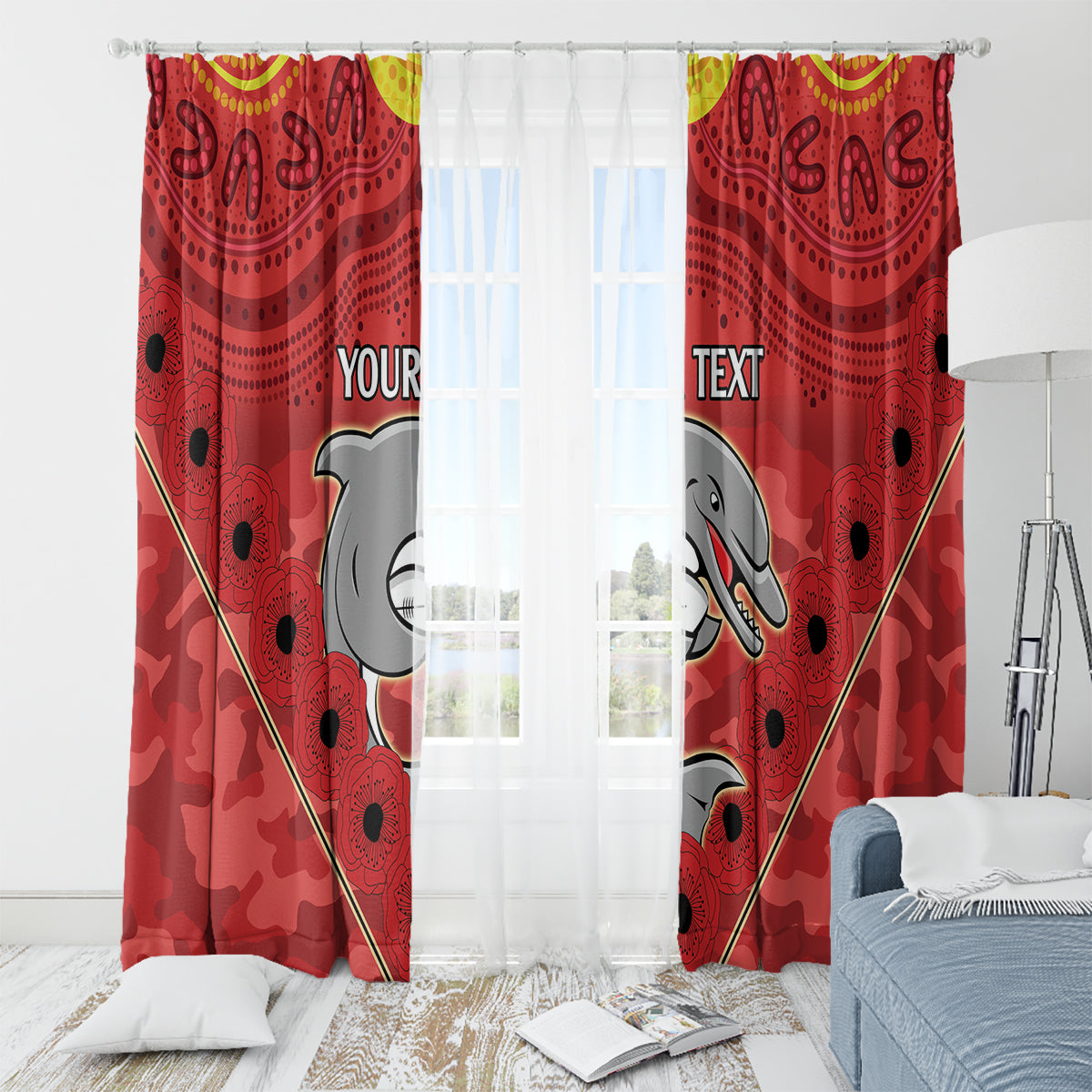 Custom Dolphins Rugby ANZAC Window Curtain Aboriginal and Army Patterns