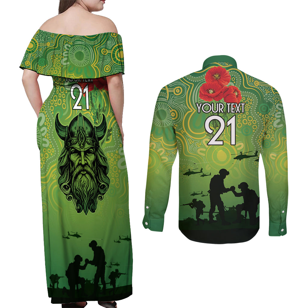 Custom Raiders Rugby ANZAC Couples Matching Off Shoulder Maxi Dress and Long Sleeve Button Shirt Canberra The Military Soldiers