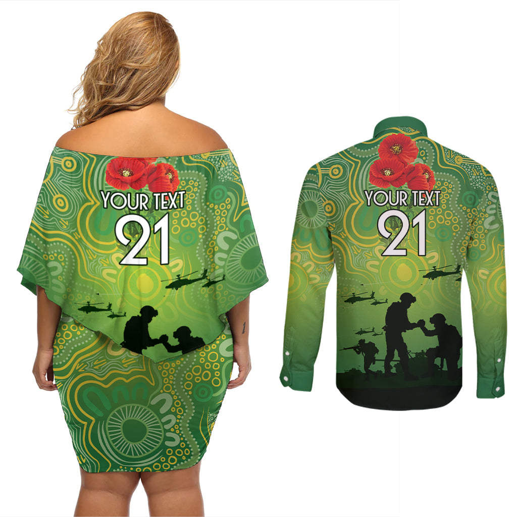 Custom Raiders Rugby ANZAC Couples Matching Off Shoulder Short Dress and Long Sleeve Button Shirt Canberra The Military Soldiers