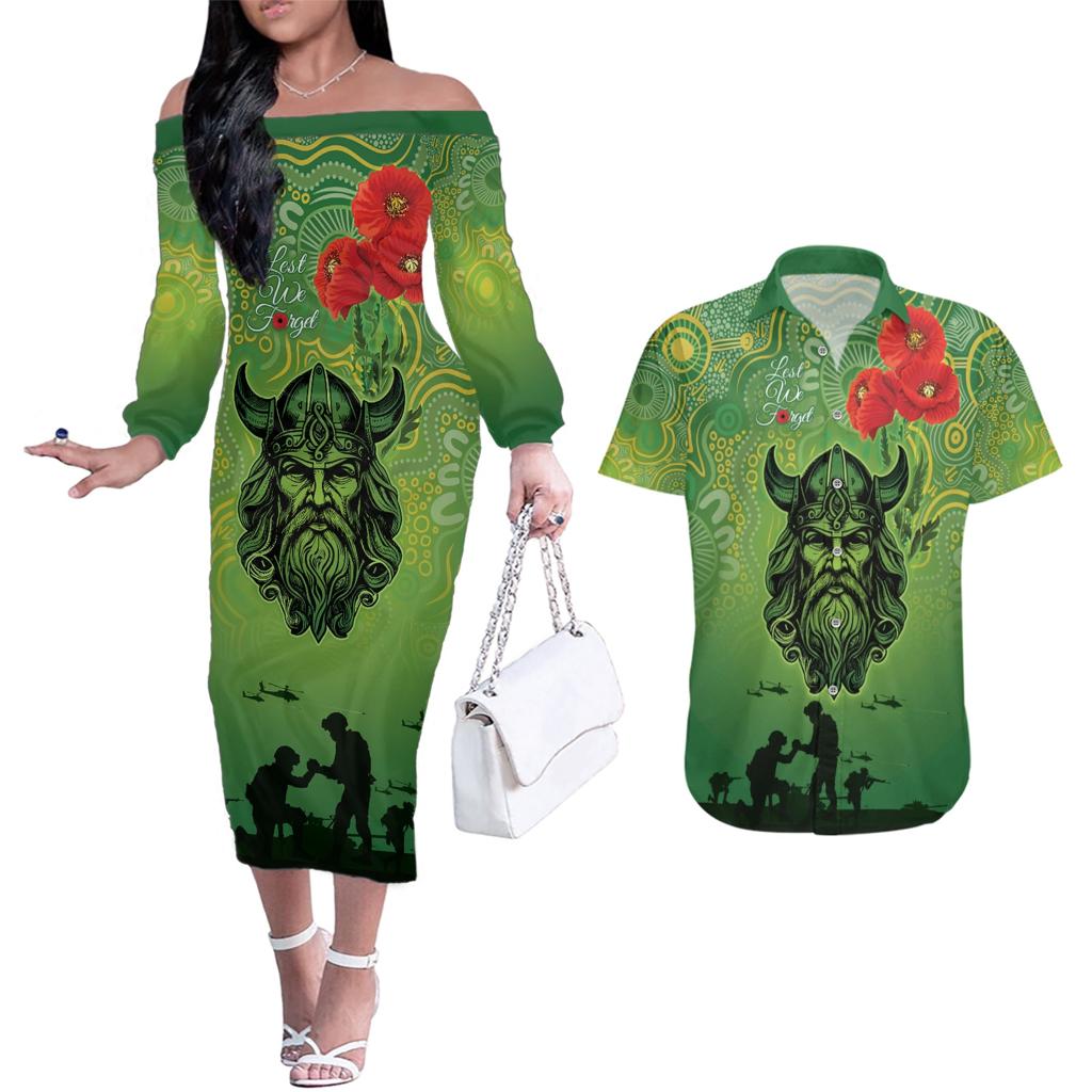 Custom Raiders Rugby ANZAC Couples Matching Off The Shoulder Long Sleeve Dress and Hawaiian Shirt Canberra The Military Soldiers