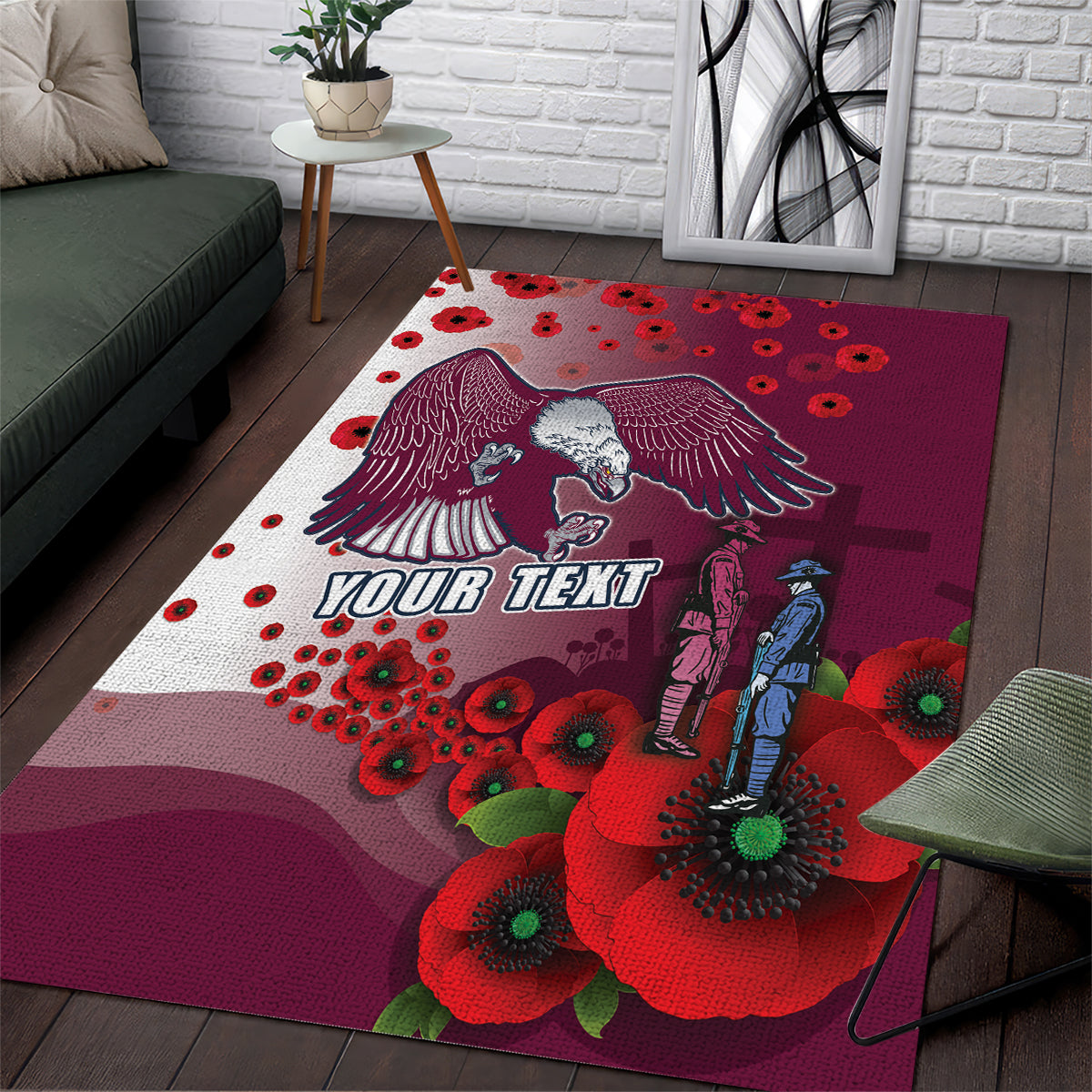 Custom Sea Eagle Rugby ANZAC Area Rug The Military Soldiers with Red Poppy