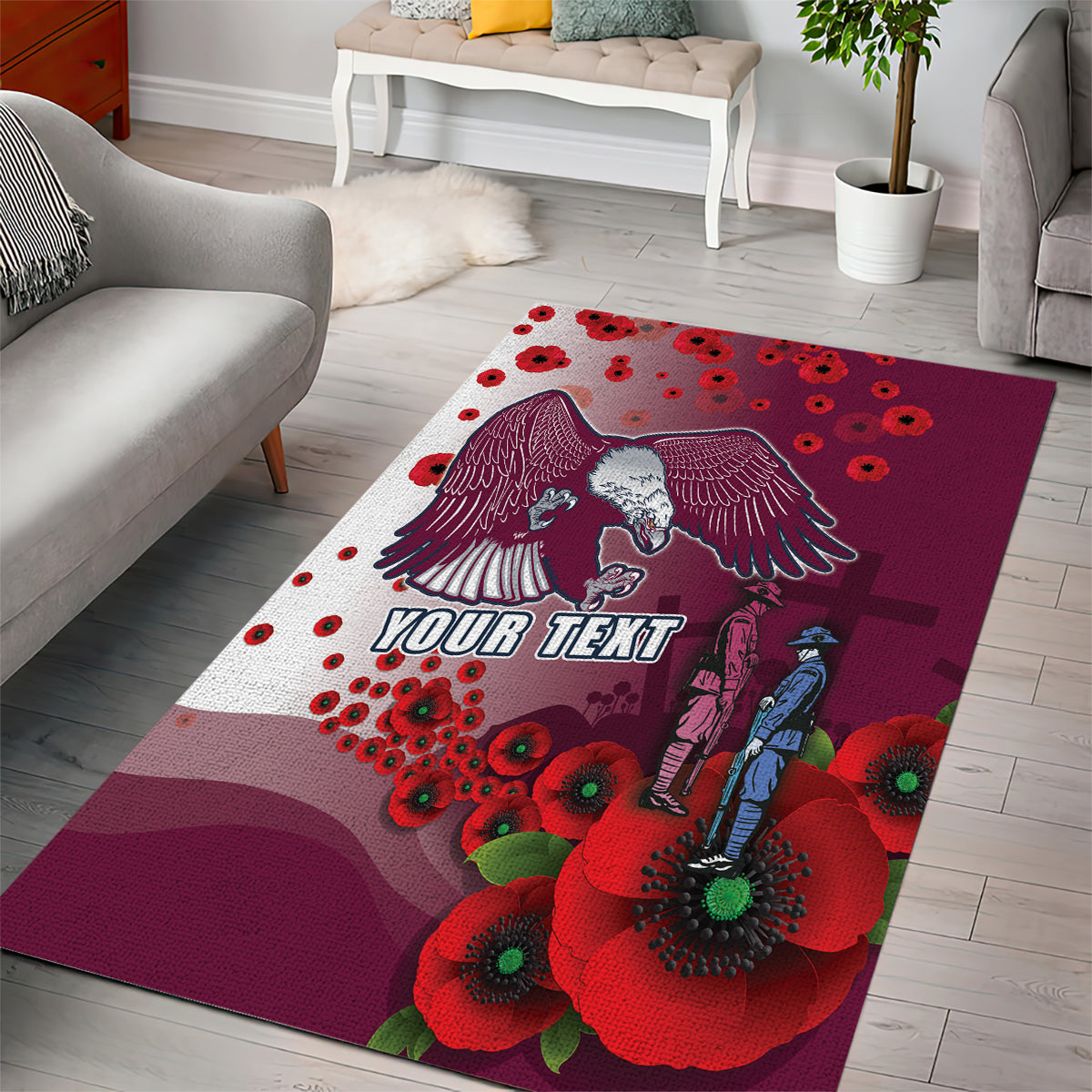 Custom Sea Eagle Rugby ANZAC Area Rug The Military Soldiers with Red Poppy