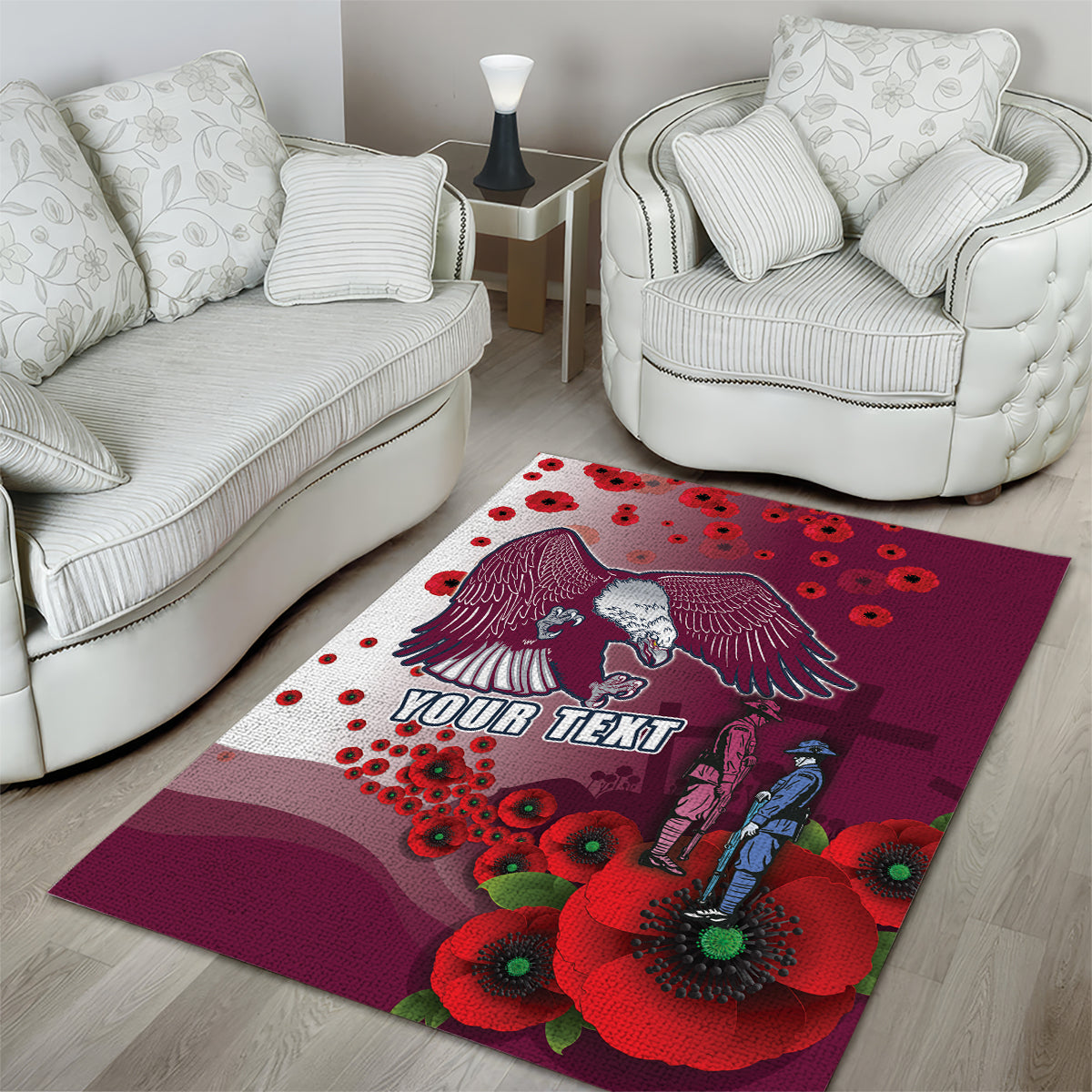 Custom Sea Eagle Rugby ANZAC Area Rug The Military Soldiers with Red Poppy