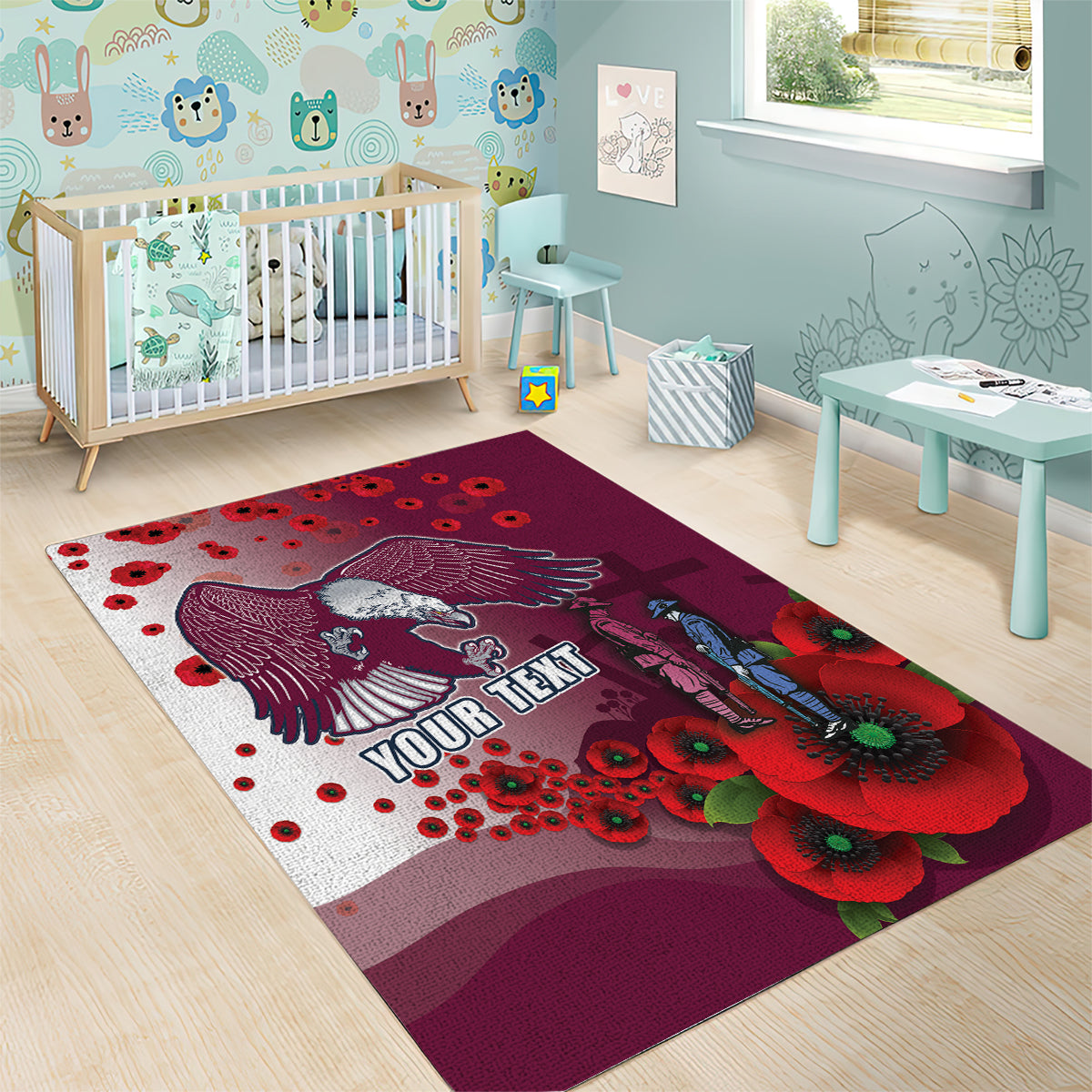 Custom Sea Eagle Rugby ANZAC Area Rug The Military Soldiers with Red Poppy