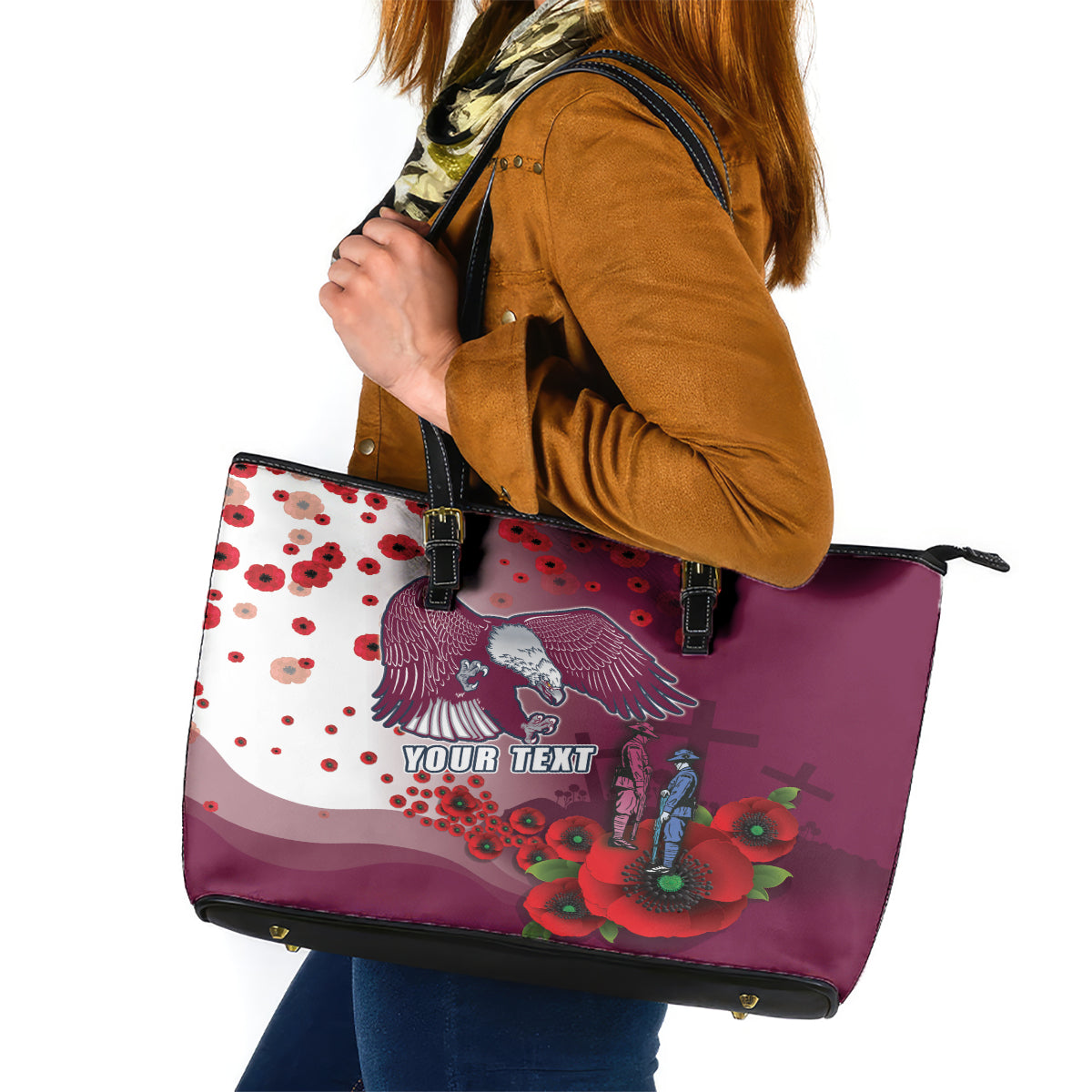 Custom Sea Eagle Rugby ANZAC Leather Tote Bag The Military Soldiers with Red Poppy