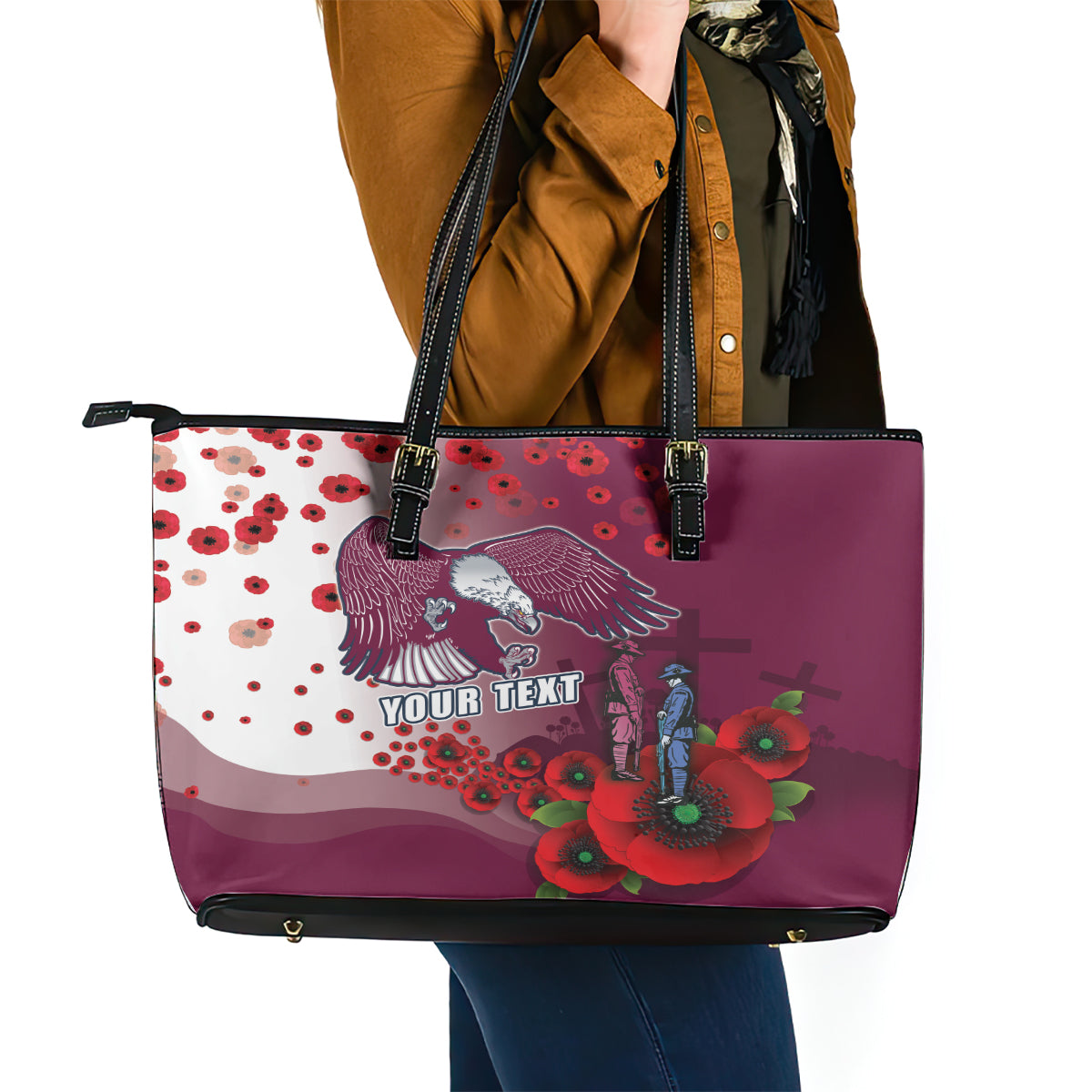 Custom Sea Eagle Rugby ANZAC Leather Tote Bag The Military Soldiers with Red Poppy