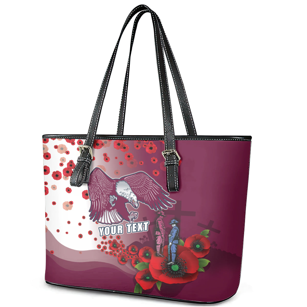 Custom Sea Eagle Rugby ANZAC Leather Tote Bag The Military Soldiers with Red Poppy