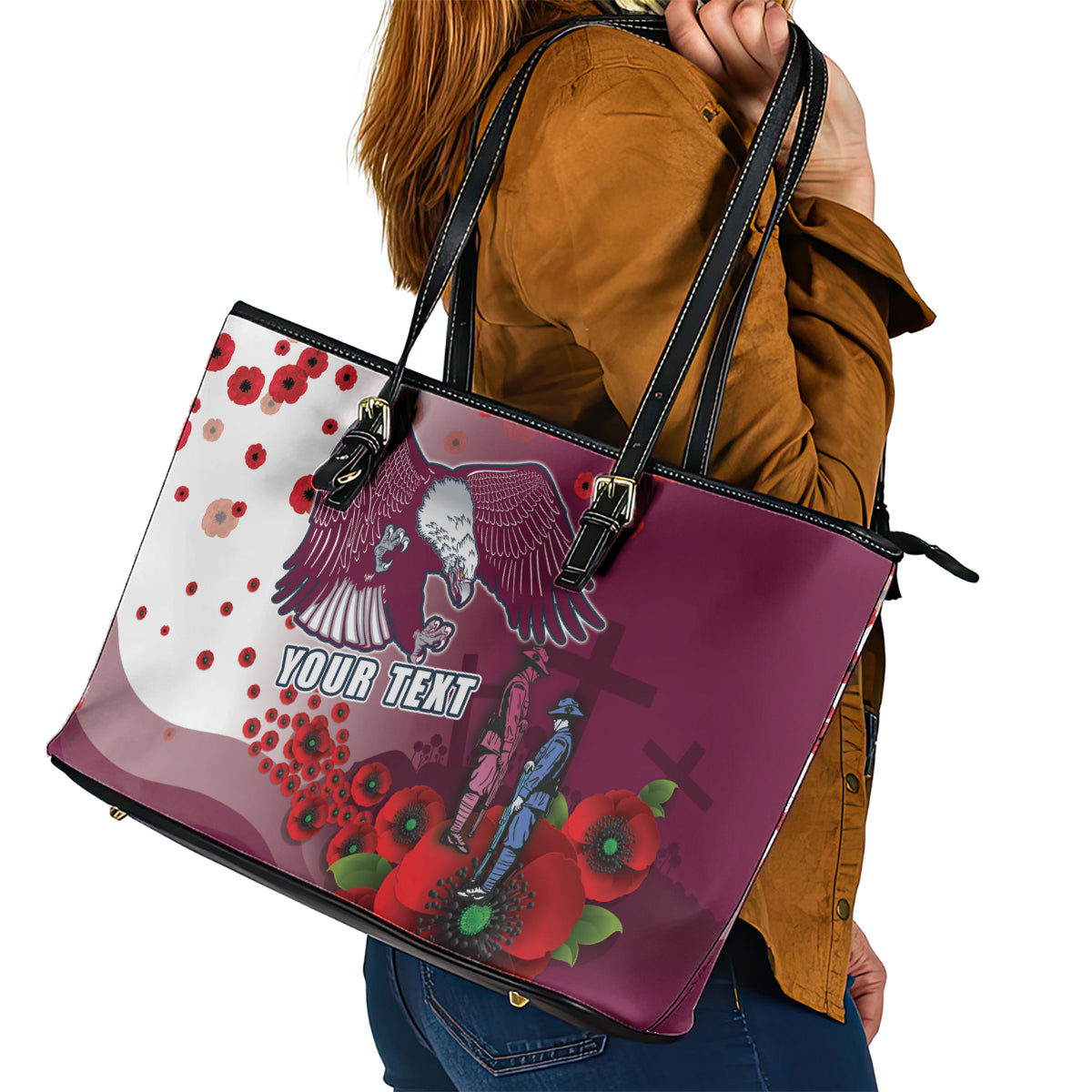 Custom Sea Eagle Rugby ANZAC Leather Tote Bag The Military Soldiers with Red Poppy