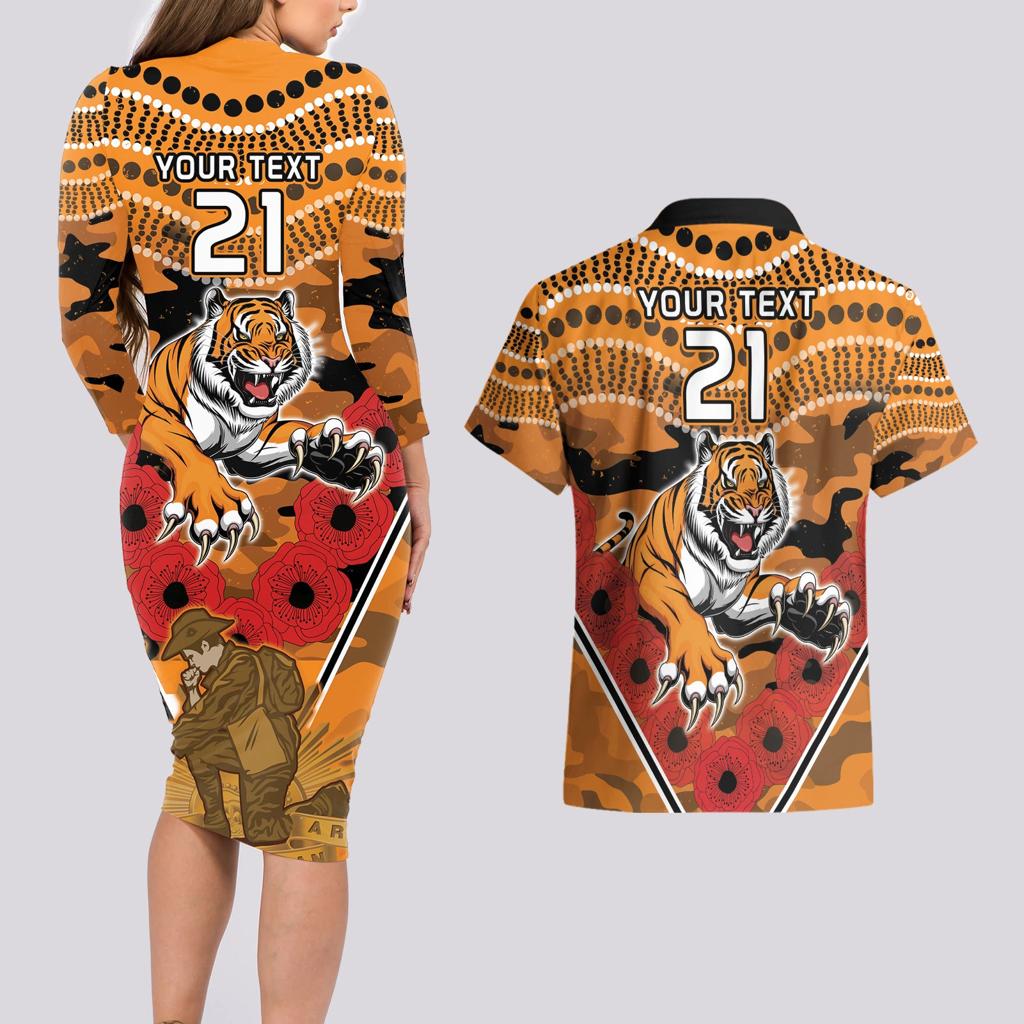 Custom Wests Tigers Rugby ANZAC Couples Matching Long Sleeve Bodycon Dress and Hawaiian Shirt Aboriginal and Army Patterns