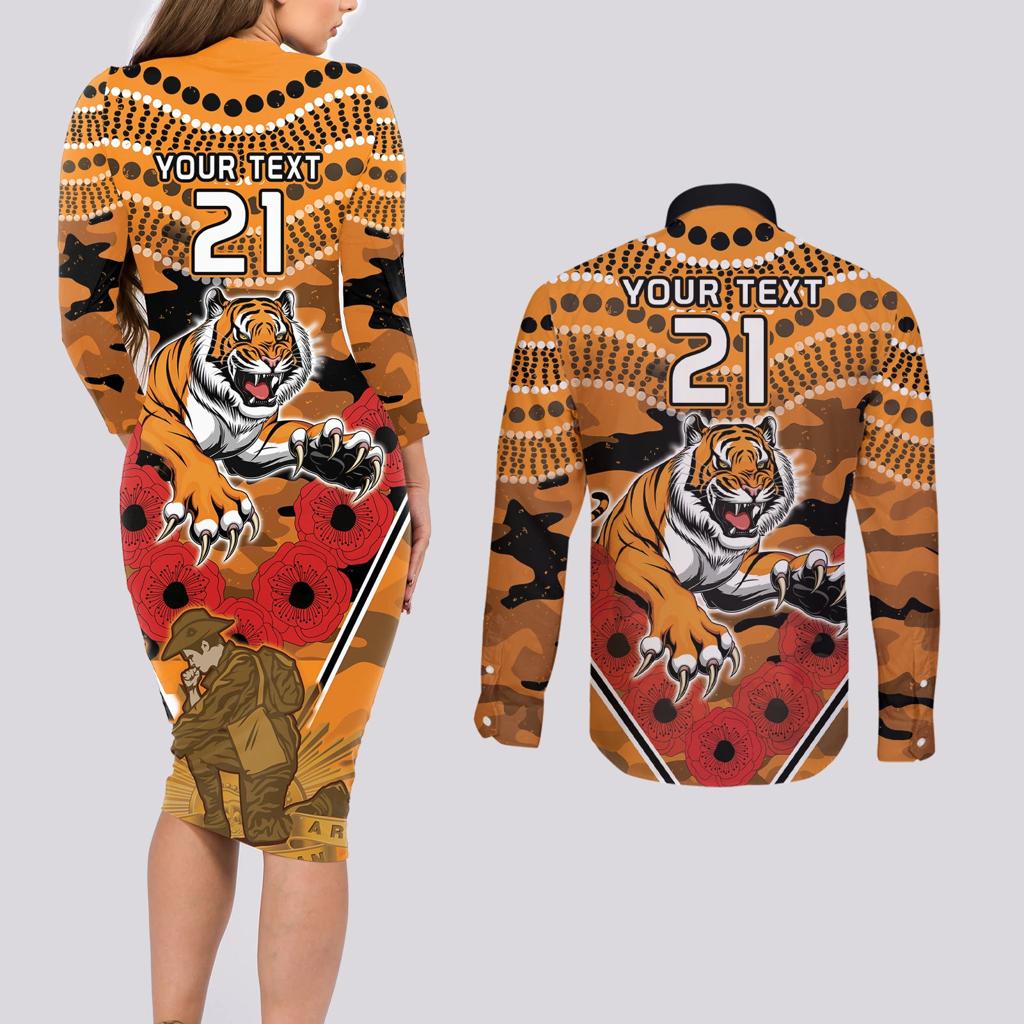 Custom Wests Tigers Rugby ANZAC Couples Matching Long Sleeve Bodycon Dress and Long Sleeve Button Shirt Aboriginal and Army Patterns