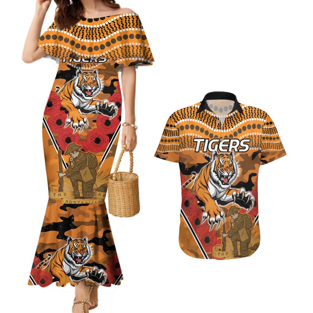 Custom Wests Tigers Rugby ANZAC Couples Matching Mermaid Dress and Hawaiian Shirt Aboriginal and Army Patterns