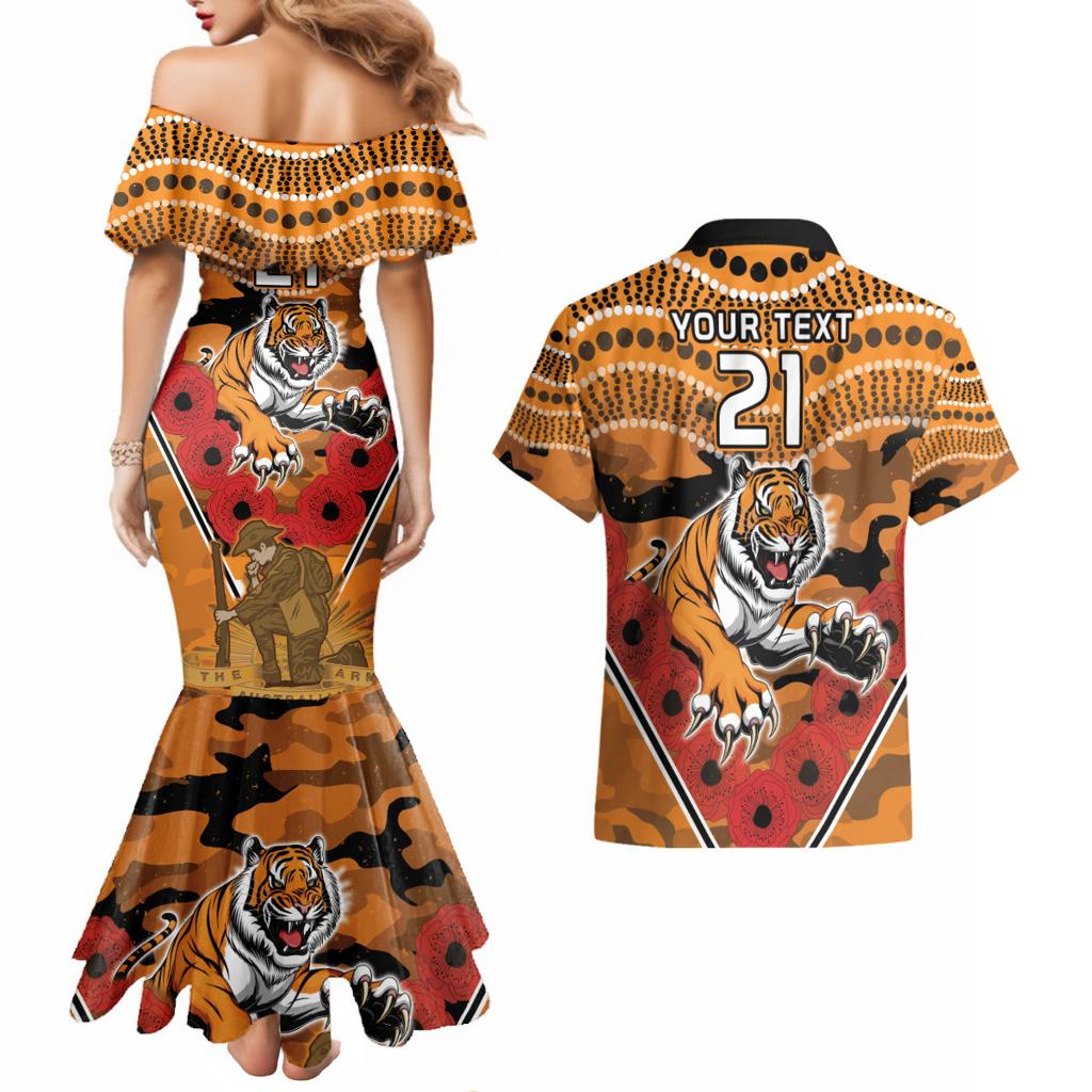 Custom Wests Tigers Rugby ANZAC Couples Matching Mermaid Dress and Hawaiian Shirt Aboriginal and Army Patterns