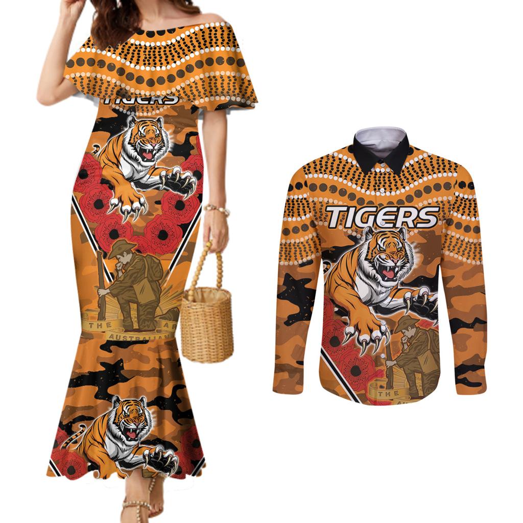 Custom Wests Tigers Rugby ANZAC Couples Matching Mermaid Dress and Long Sleeve Button Shirt Aboriginal and Army Patterns