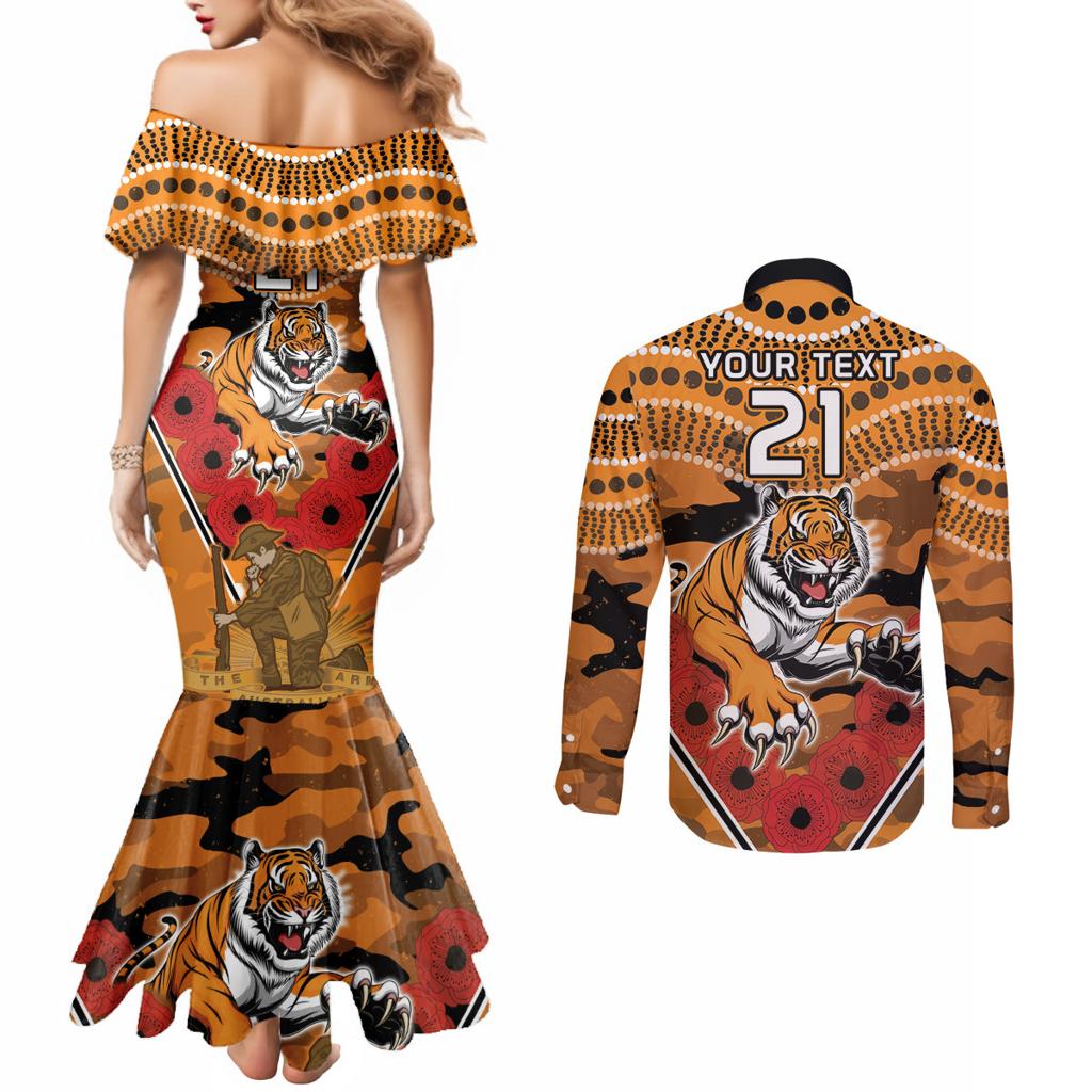 Custom Wests Tigers Rugby ANZAC Couples Matching Mermaid Dress and Long Sleeve Button Shirt Aboriginal and Army Patterns