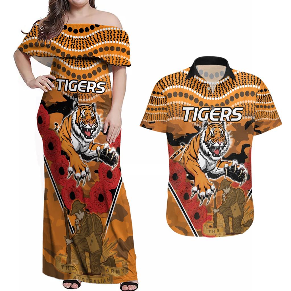 Custom Wests Tigers Rugby ANZAC Couples Matching Off Shoulder Maxi Dress and Hawaiian Shirt Aboriginal and Army Patterns