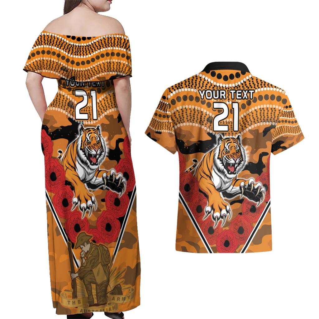 Custom Wests Tigers Rugby ANZAC Couples Matching Off Shoulder Maxi Dress and Hawaiian Shirt Aboriginal and Army Patterns