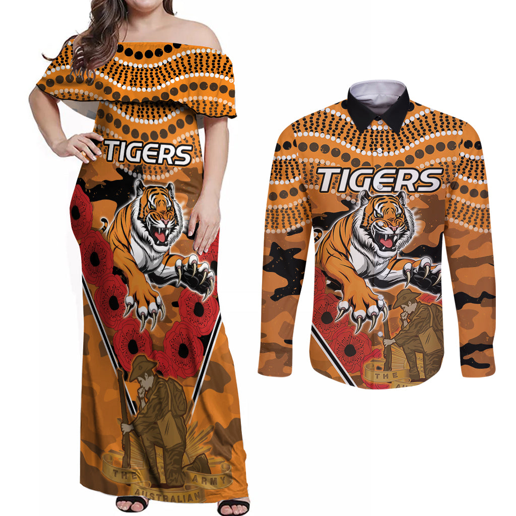 Custom Wests Tigers Rugby ANZAC Couples Matching Off Shoulder Maxi Dress and Long Sleeve Button Shirt Aboriginal and Army Patterns