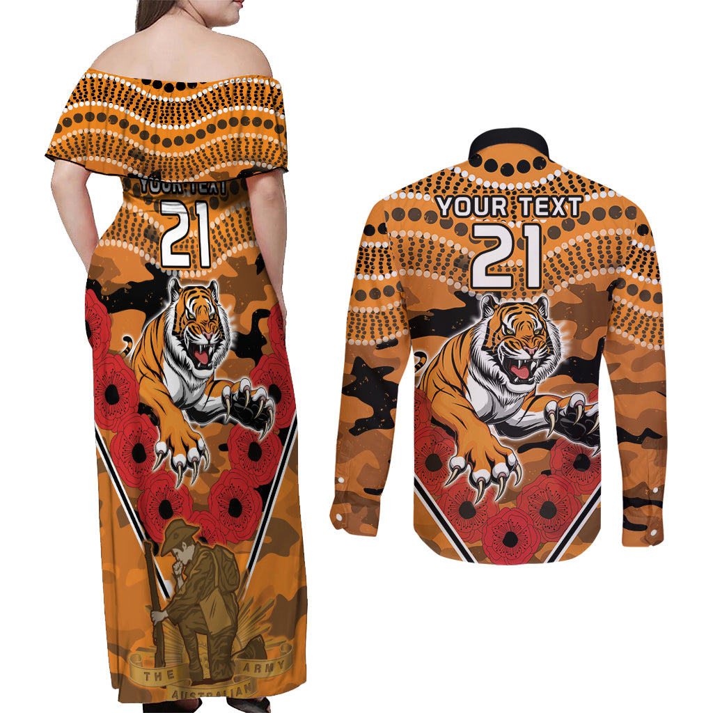 Custom Wests Tigers Rugby ANZAC Couples Matching Off Shoulder Maxi Dress and Long Sleeve Button Shirt Aboriginal and Army Patterns