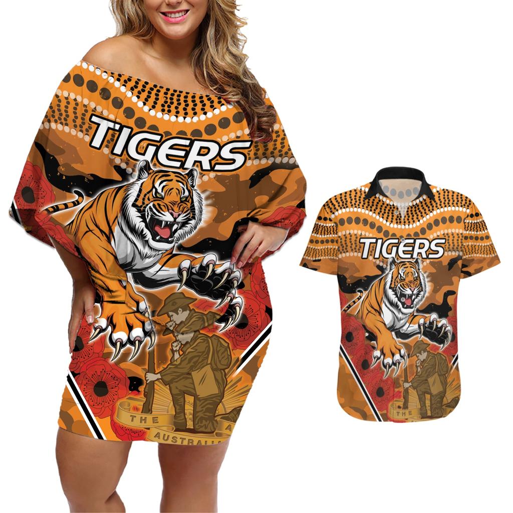 Custom Wests Tigers Rugby ANZAC Couples Matching Off Shoulder Short Dress and Hawaiian Shirt Aboriginal and Army Patterns