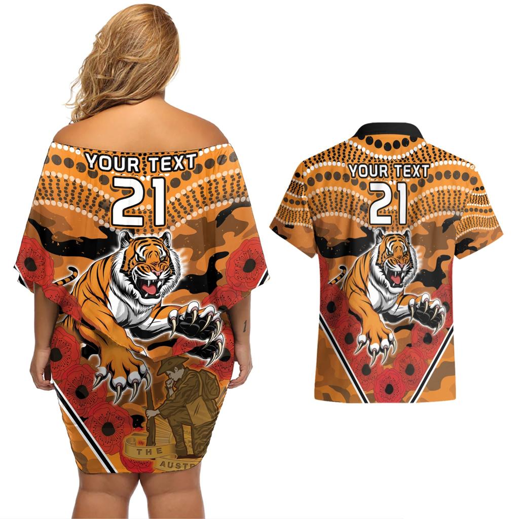 Custom Wests Tigers Rugby ANZAC Couples Matching Off Shoulder Short Dress and Hawaiian Shirt Aboriginal and Army Patterns