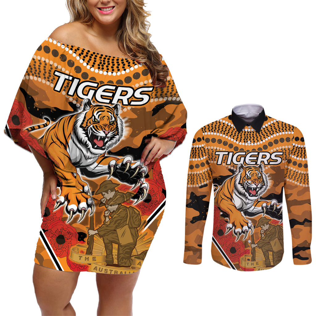 Custom Wests Tigers Rugby ANZAC Couples Matching Off Shoulder Short Dress and Long Sleeve Button Shirt Aboriginal and Army Patterns