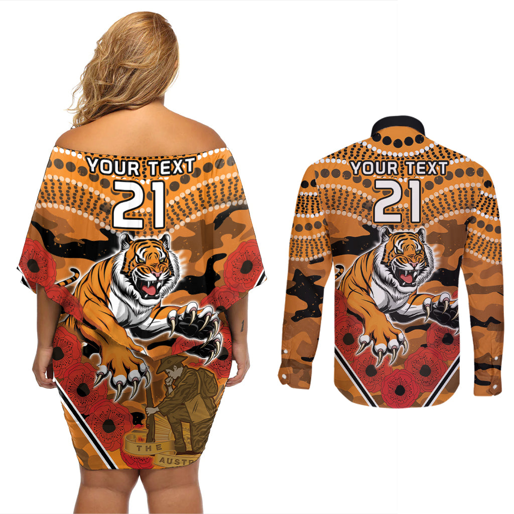 Custom Wests Tigers Rugby ANZAC Couples Matching Off Shoulder Short Dress and Long Sleeve Button Shirt Aboriginal and Army Patterns