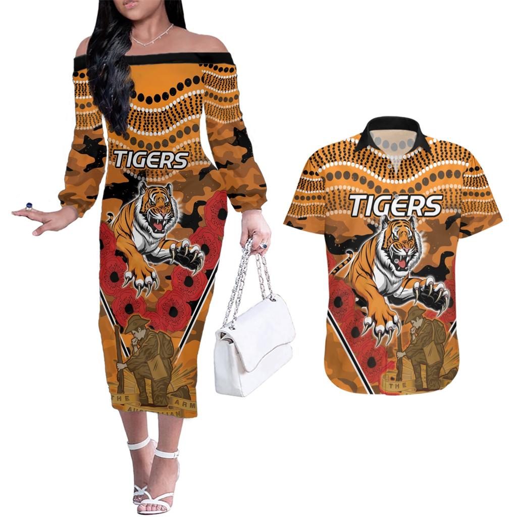 Custom Wests Tigers Rugby ANZAC Couples Matching Off The Shoulder Long Sleeve Dress and Hawaiian Shirt Aboriginal and Army Patterns