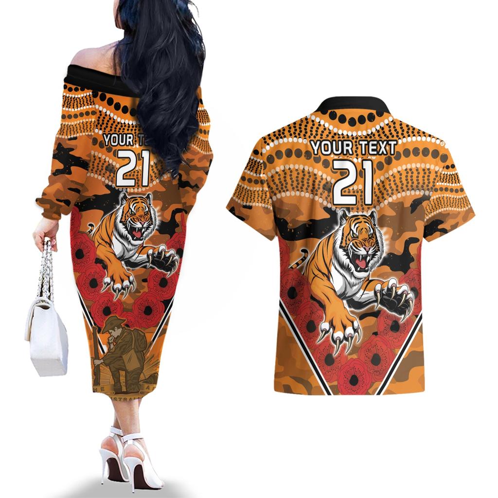 Custom Wests Tigers Rugby ANZAC Couples Matching Off The Shoulder Long Sleeve Dress and Hawaiian Shirt Aboriginal and Army Patterns