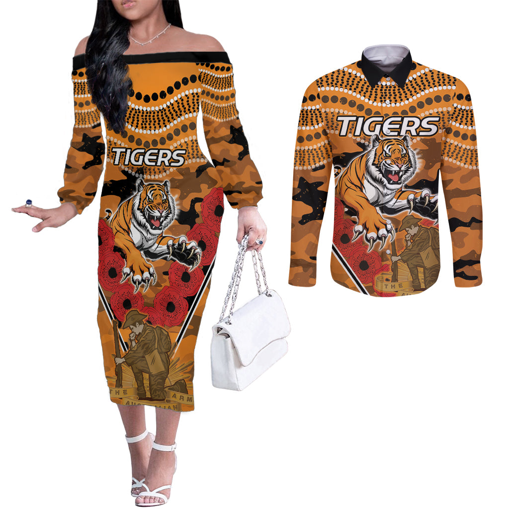 Custom Wests Tigers Rugby ANZAC Couples Matching Off The Shoulder Long Sleeve Dress and Long Sleeve Button Shirt Aboriginal and Army Patterns