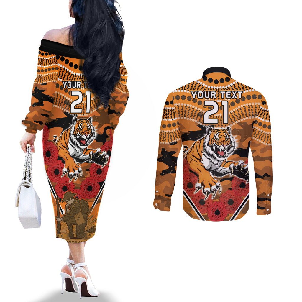 Custom Wests Tigers Rugby ANZAC Couples Matching Off The Shoulder Long Sleeve Dress and Long Sleeve Button Shirt Aboriginal and Army Patterns