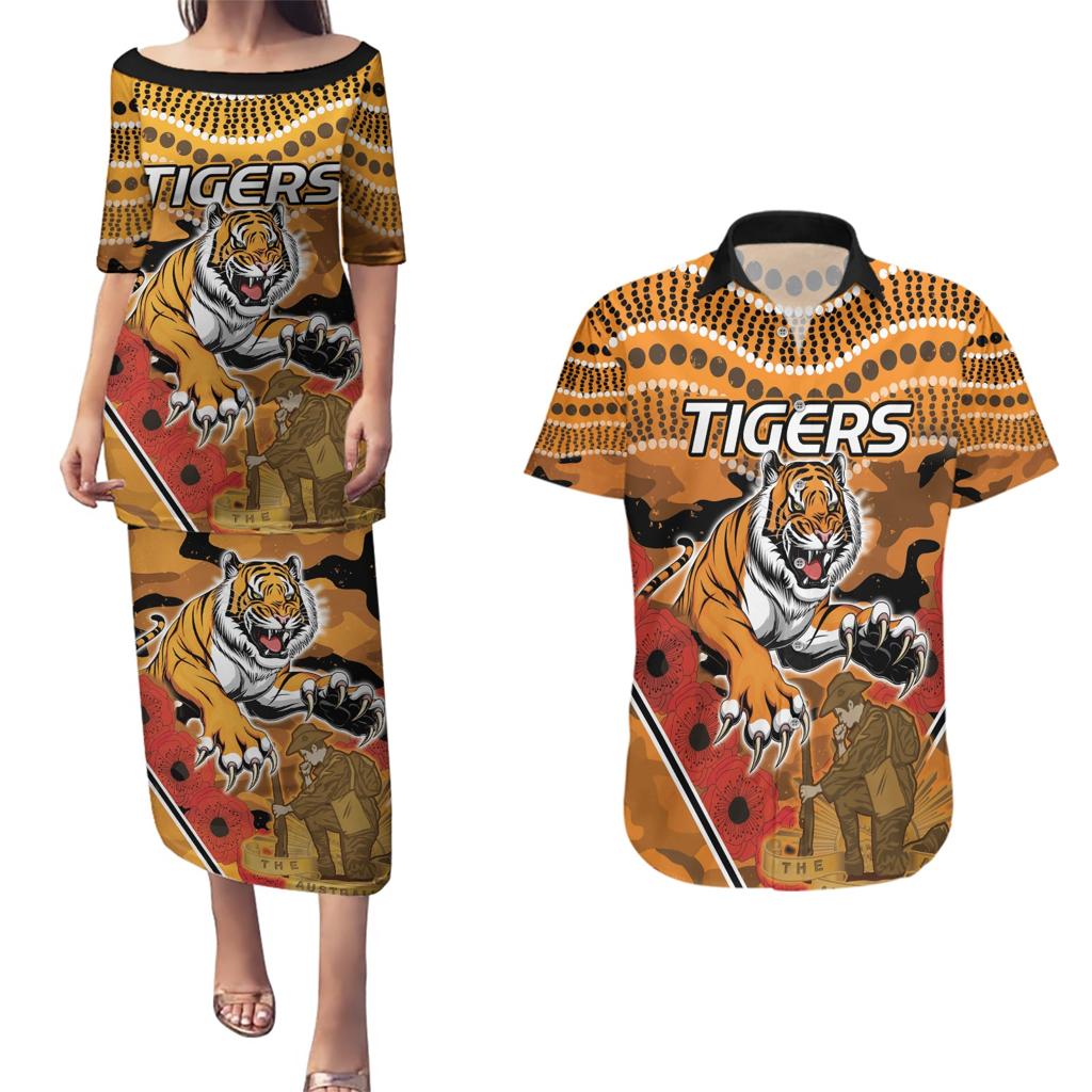 Custom Wests Tigers Rugby ANZAC Couples Matching Puletasi and Hawaiian Shirt Aboriginal and Army Patterns