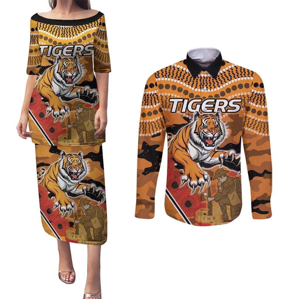 Custom Wests Tigers Rugby ANZAC Couples Matching Puletasi and Long Sleeve Button Shirt Aboriginal and Army Patterns