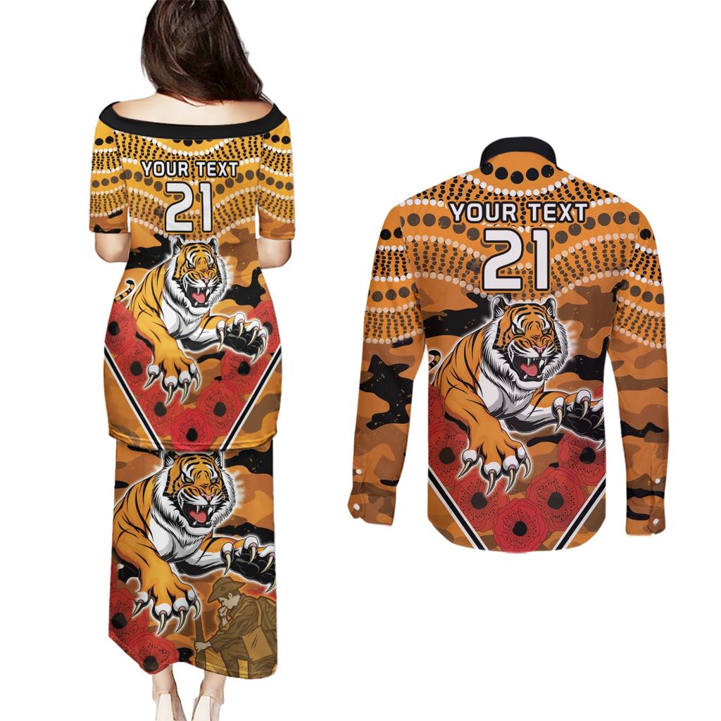 Custom Wests Tigers Rugby ANZAC Couples Matching Puletasi and Long Sleeve Button Shirt Aboriginal and Army Patterns