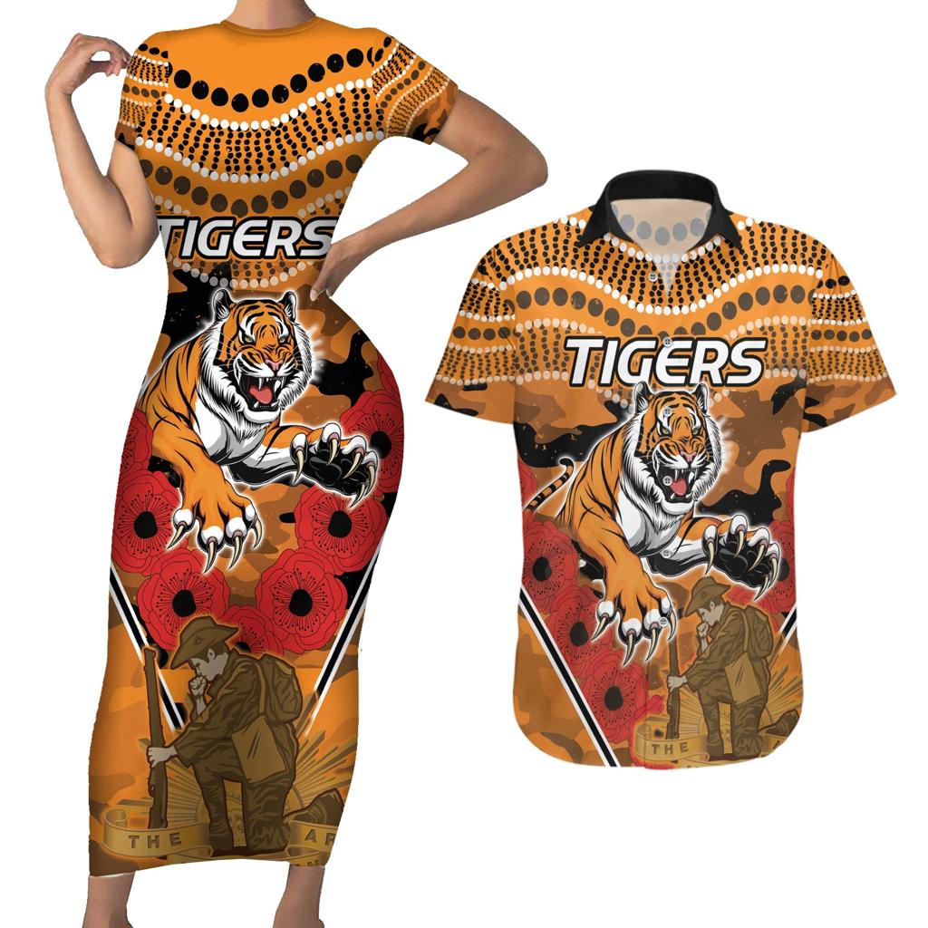 Custom Wests Tigers Rugby ANZAC Couples Matching Short Sleeve Bodycon Dress and Hawaiian Shirt Aboriginal and Army Patterns