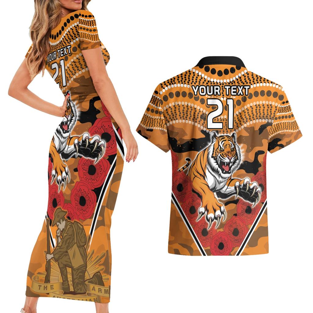 Custom Wests Tigers Rugby ANZAC Couples Matching Short Sleeve Bodycon Dress and Hawaiian Shirt Aboriginal and Army Patterns