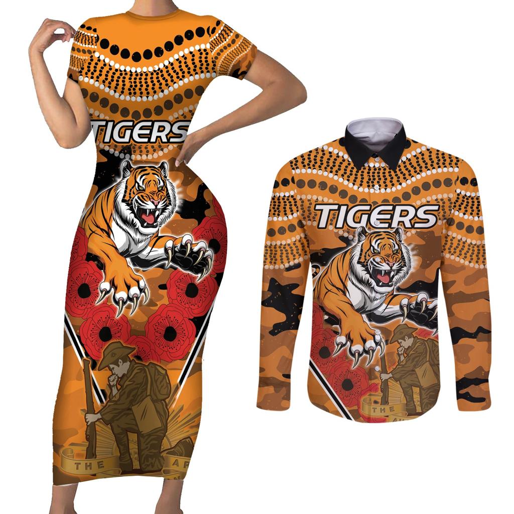 Custom Wests Tigers Rugby ANZAC Couples Matching Short Sleeve Bodycon Dress and Long Sleeve Button Shirt Aboriginal and Army Patterns