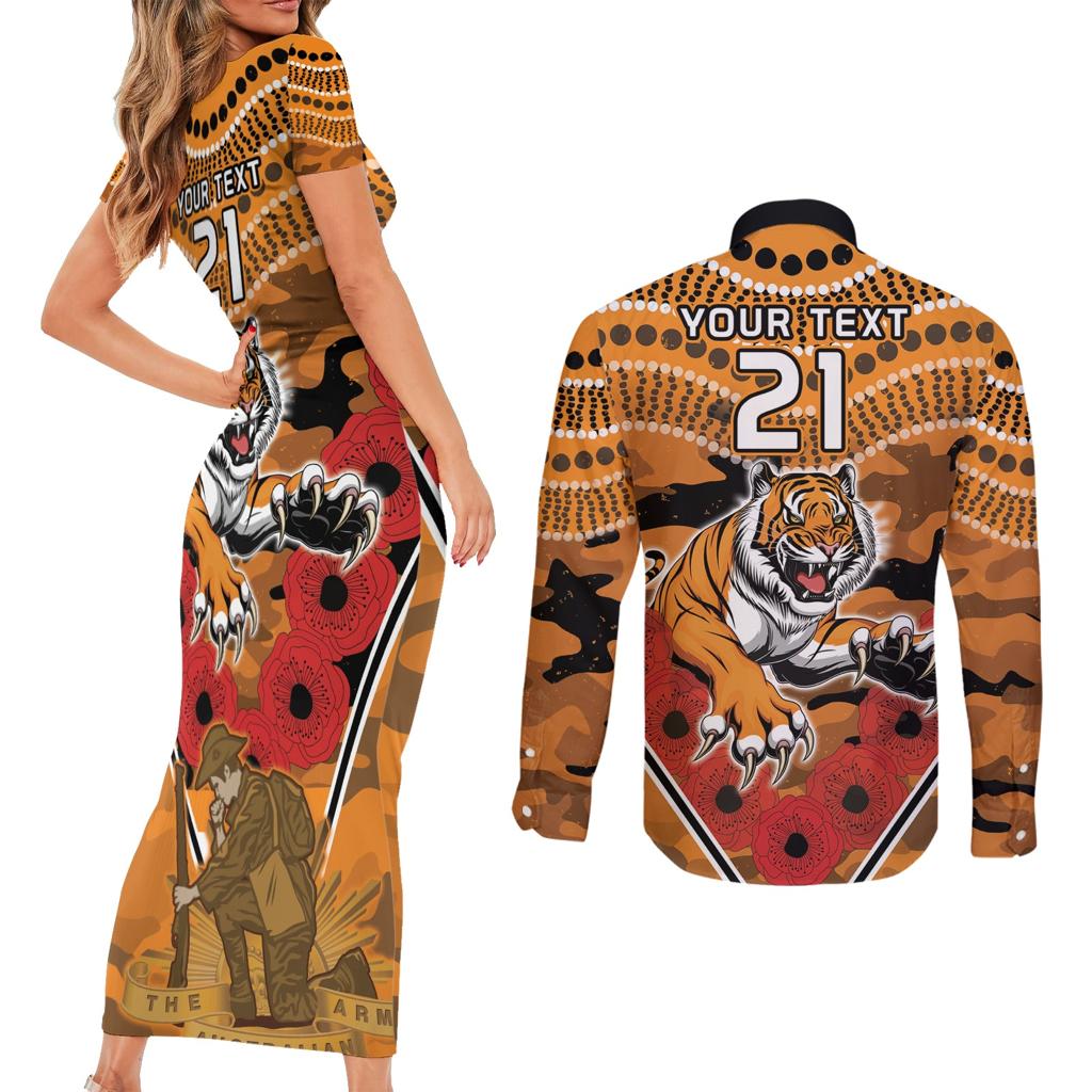 Custom Wests Tigers Rugby ANZAC Couples Matching Short Sleeve Bodycon Dress and Long Sleeve Button Shirt Aboriginal and Army Patterns