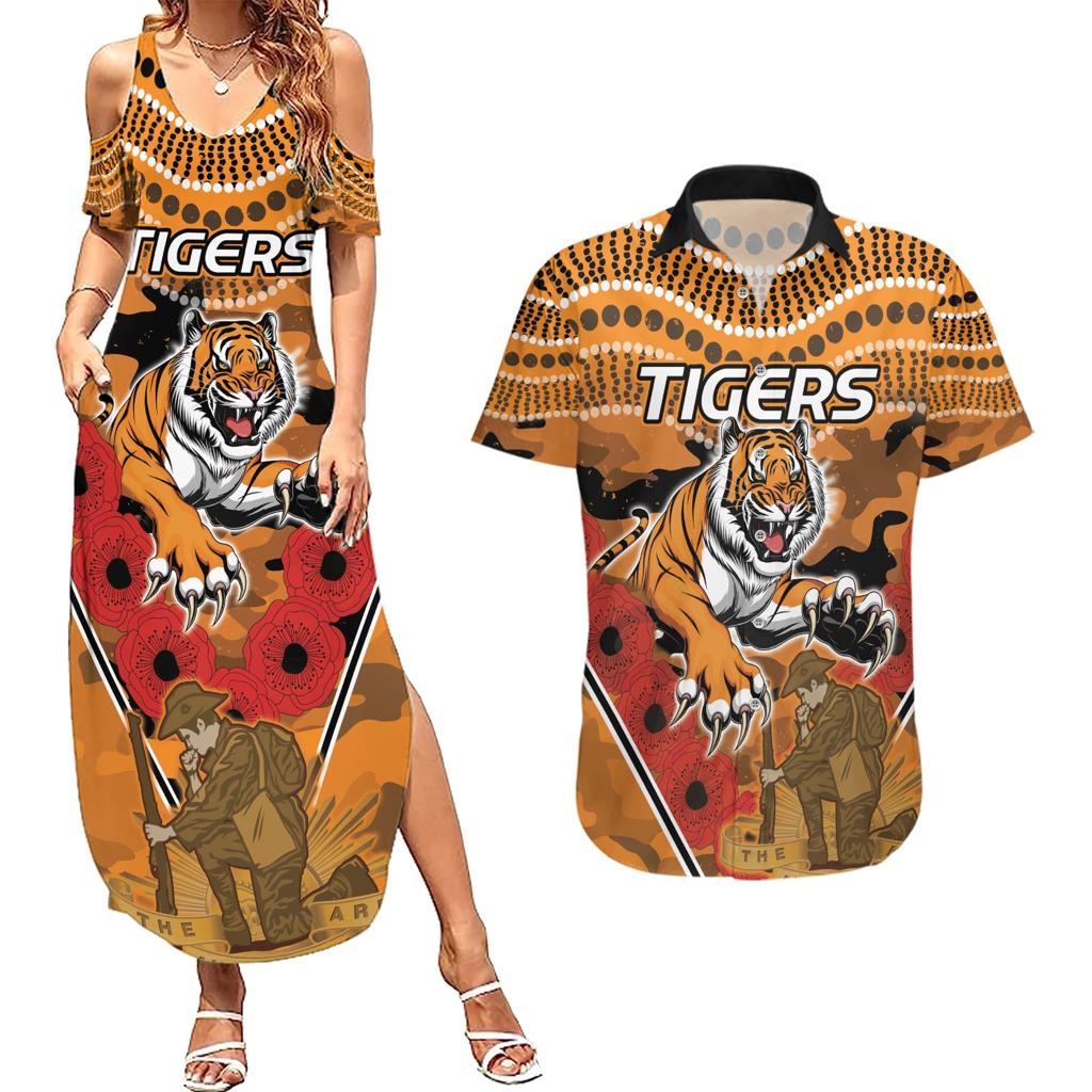 Custom Wests Tigers Rugby ANZAC Couples Matching Summer Maxi Dress and Hawaiian Shirt Aboriginal and Army Patterns