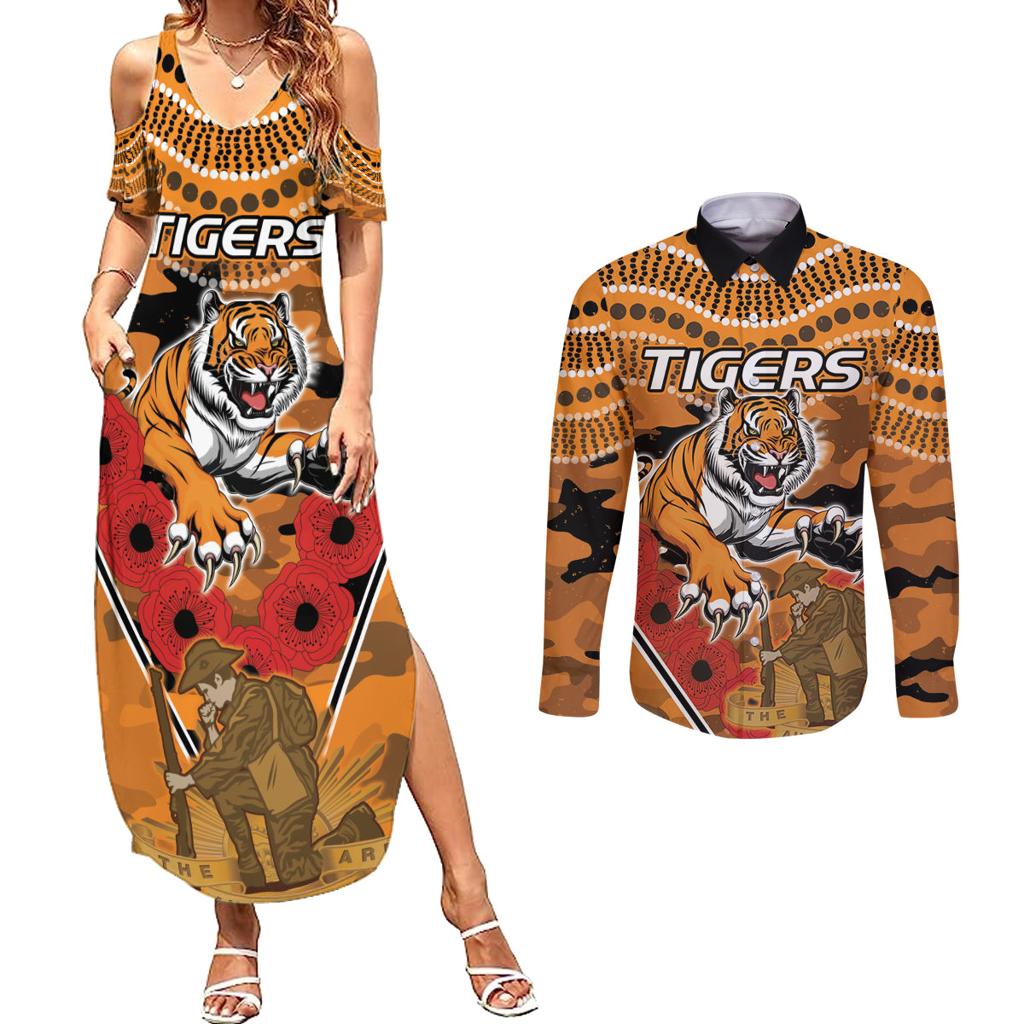 Custom Wests Tigers Rugby ANZAC Couples Matching Summer Maxi Dress and Long Sleeve Button Shirt Aboriginal and Army Patterns