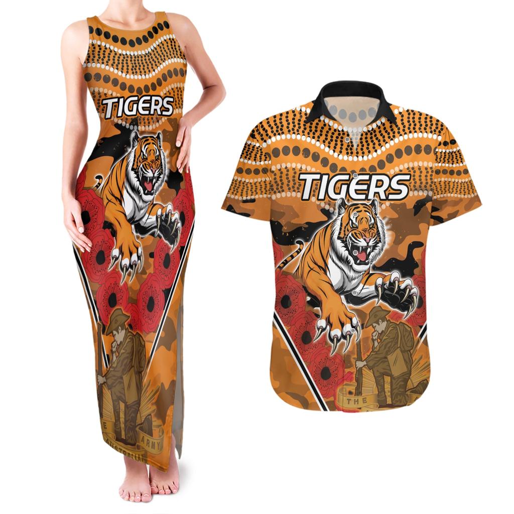 Custom Wests Tigers Rugby ANZAC Couples Matching Tank Maxi Dress and Hawaiian Shirt Aboriginal and Army Patterns