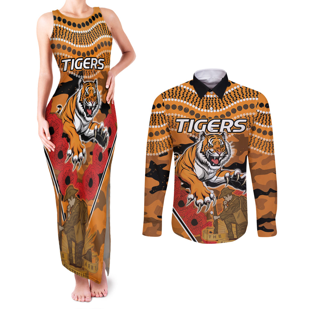 Custom Wests Tigers Rugby ANZAC Couples Matching Tank Maxi Dress and Long Sleeve Button Shirt Aboriginal and Army Patterns