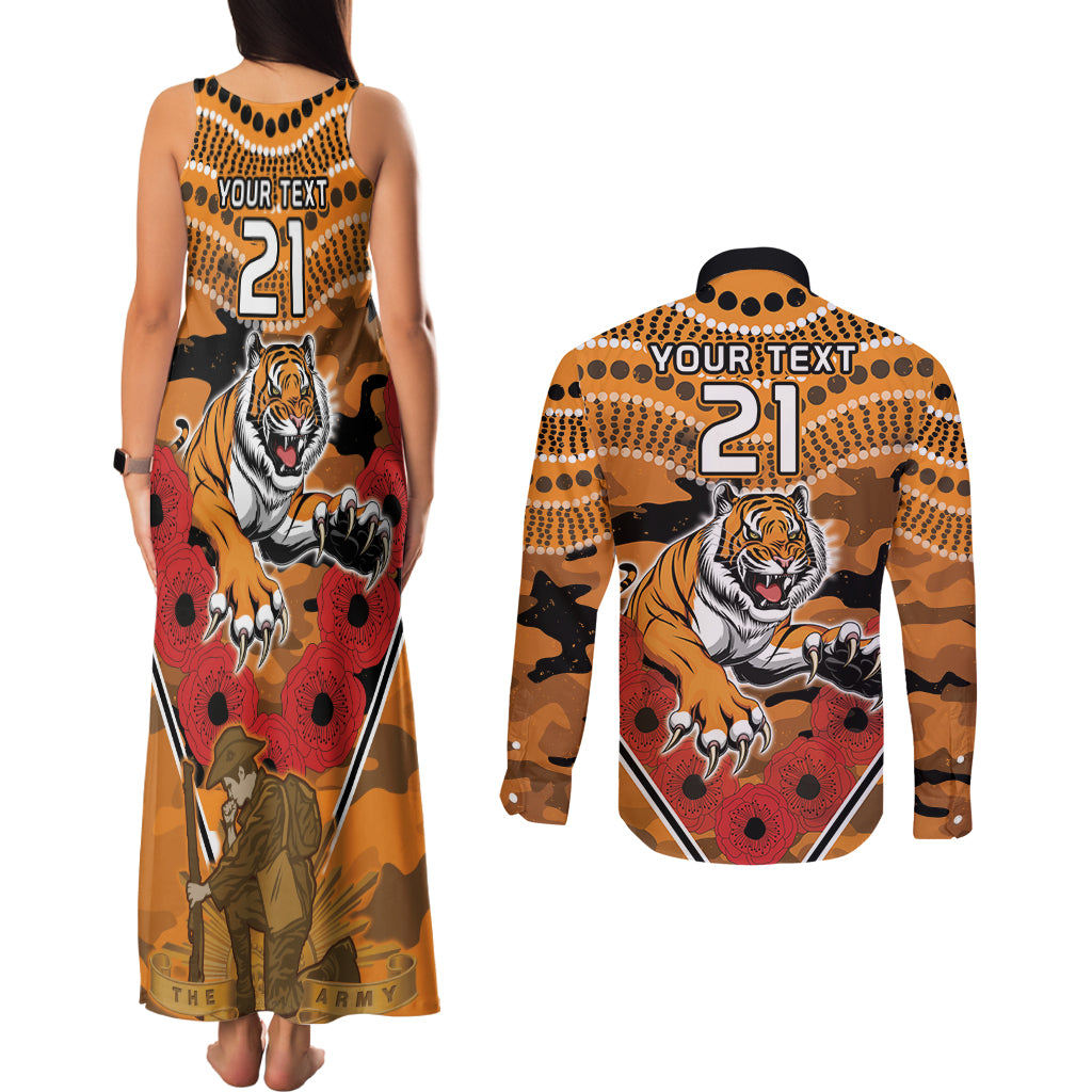 Custom Wests Tigers Rugby ANZAC Couples Matching Tank Maxi Dress and Long Sleeve Button Shirt Aboriginal and Army Patterns