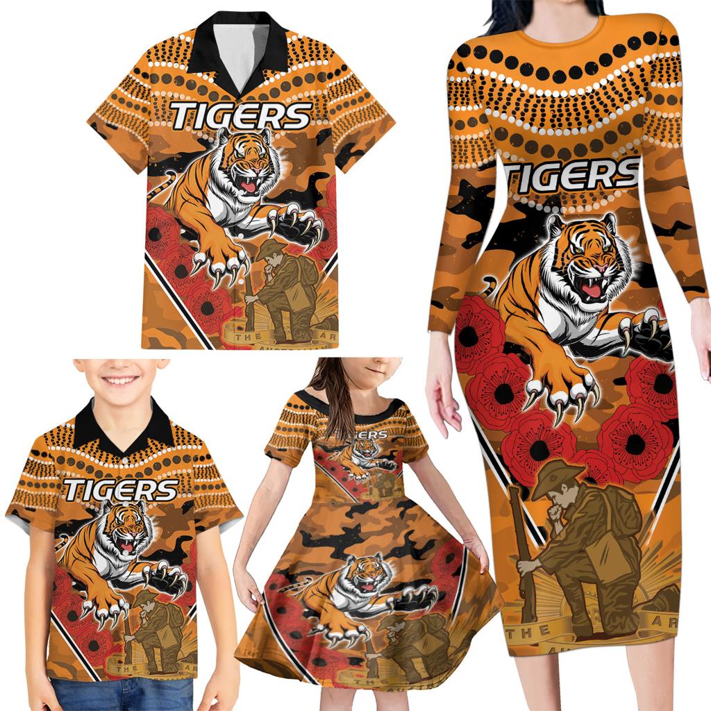 Custom Wests Tigers Rugby ANZAC Family Matching Long Sleeve Bodycon Dress and Hawaiian Shirt Aboriginal and Army Patterns