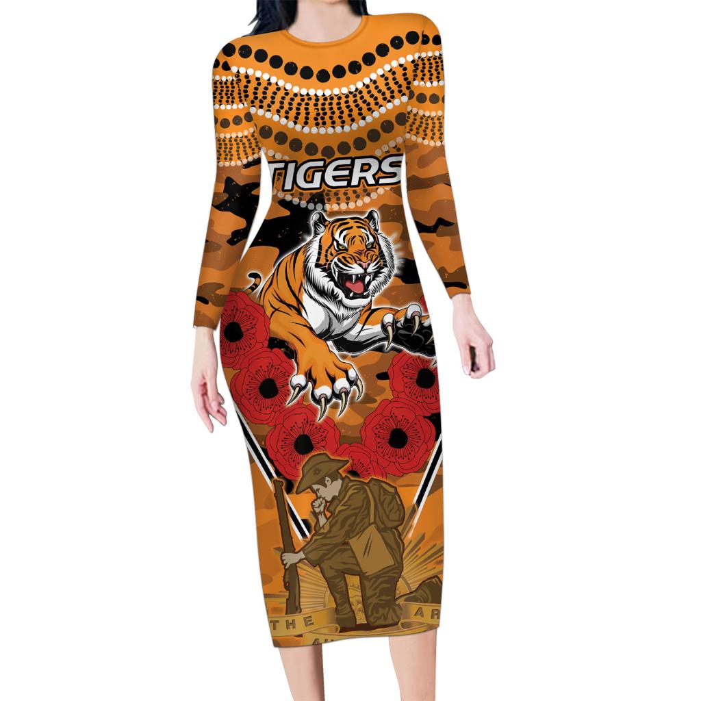 Custom Wests Tigers Rugby ANZAC Family Matching Long Sleeve Bodycon Dress and Hawaiian Shirt Aboriginal and Army Patterns