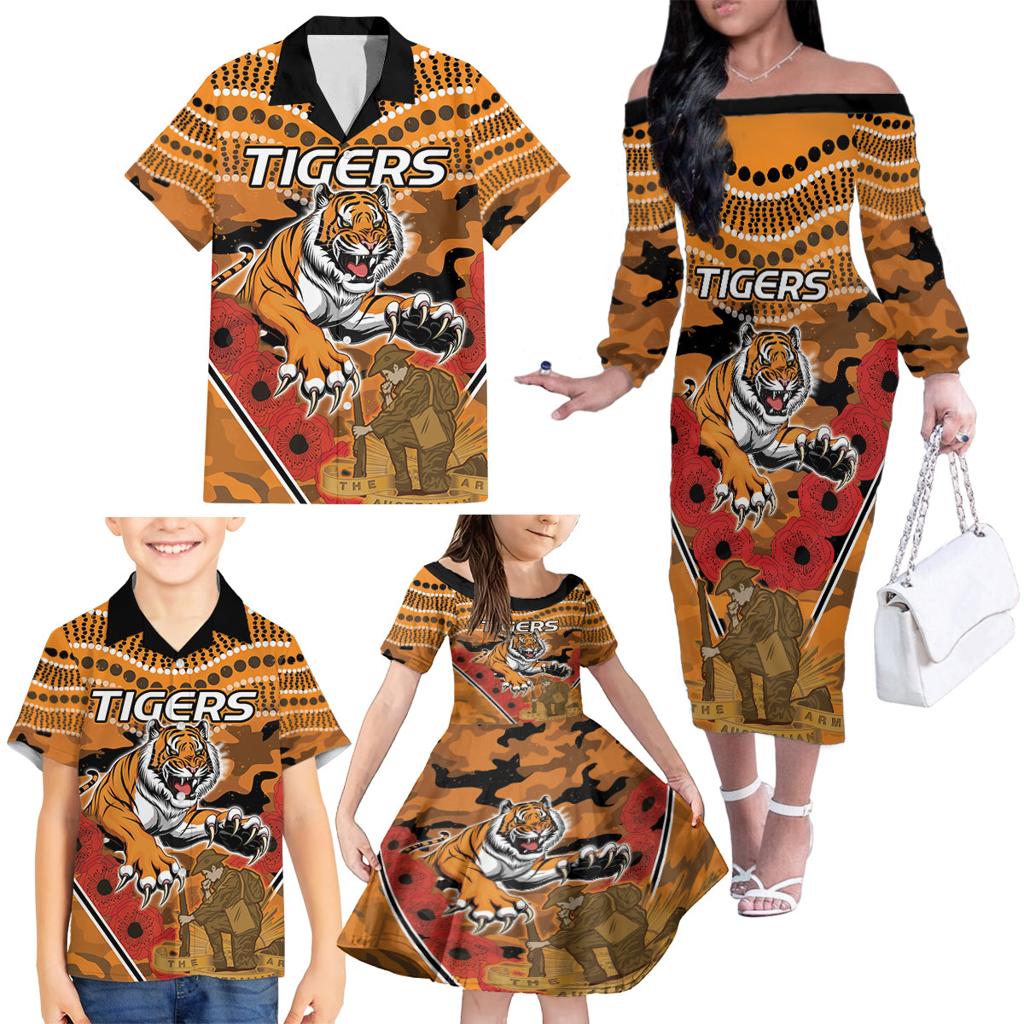 Custom Wests Tigers Rugby ANZAC Family Matching Off Shoulder Long Sleeve Dress and Hawaiian Shirt Aboriginal and Army Patterns